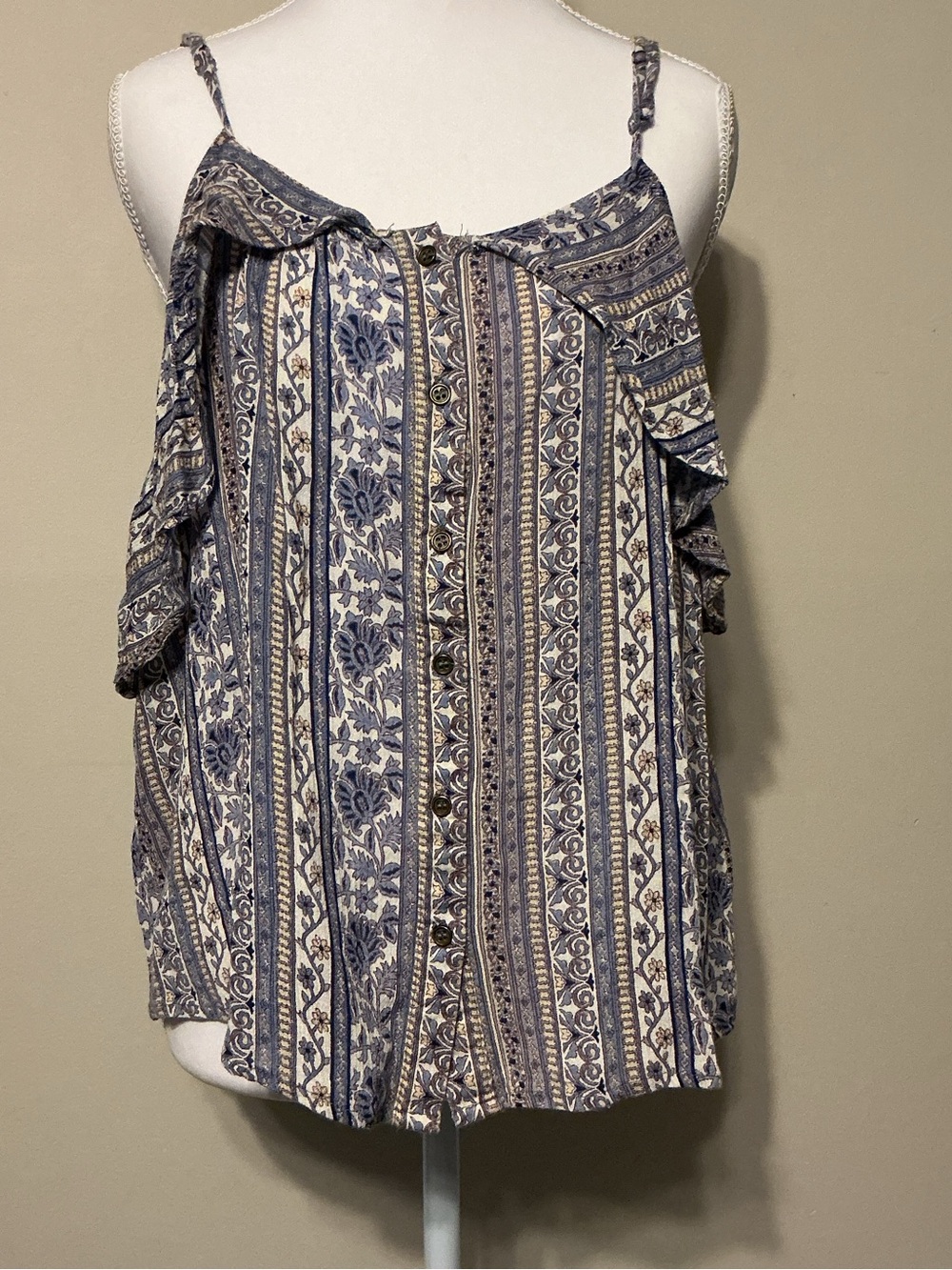 Indulge Blue and Cream Floral Stripe Cold-Shoulder Top